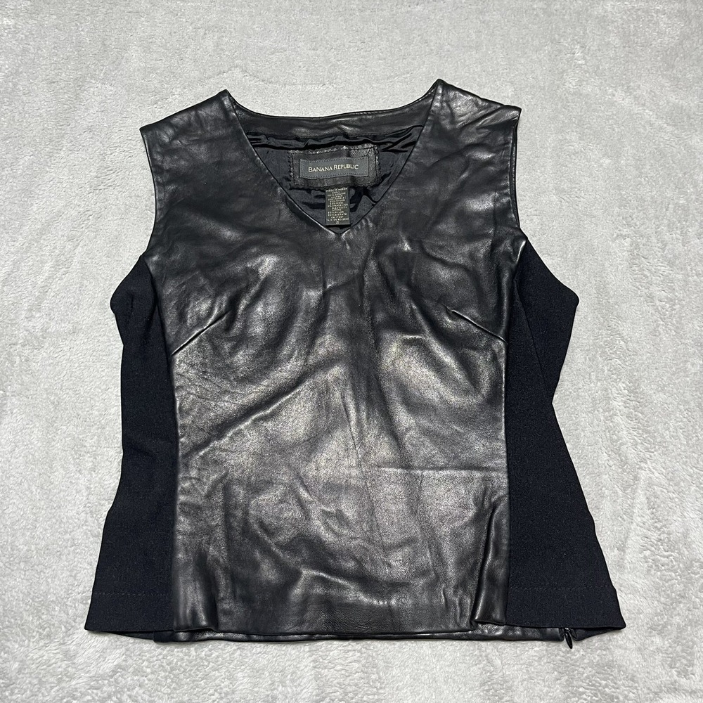 Vintage Banana Republic Top Womens Size 2 Black Sleeveless Leather Wool Tank Top